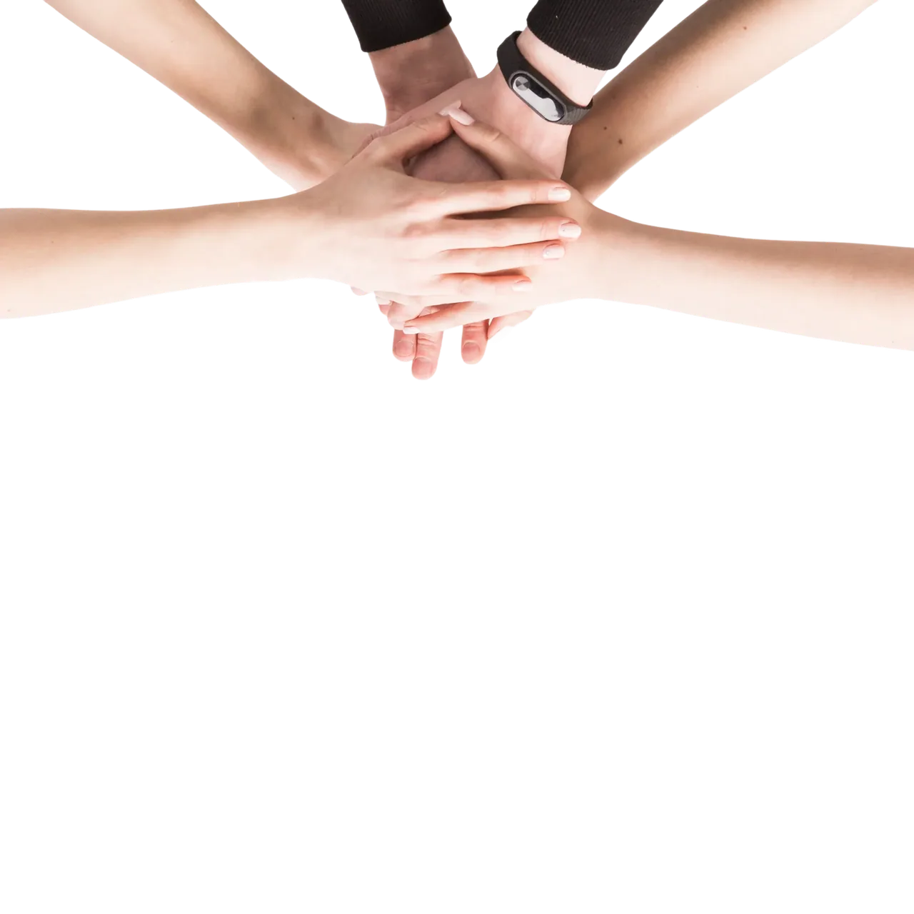 Hands stacked together in a collaborative team gesture.